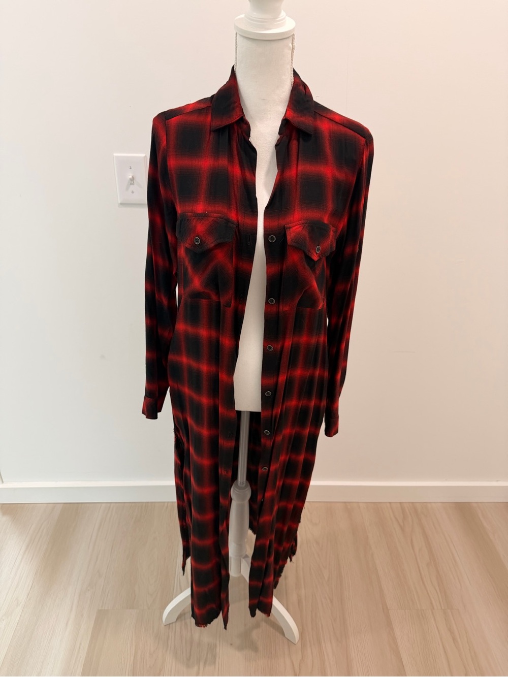 Cloth and Stone Red and Black Plaid Long Button-Up Shirt Dress Size S